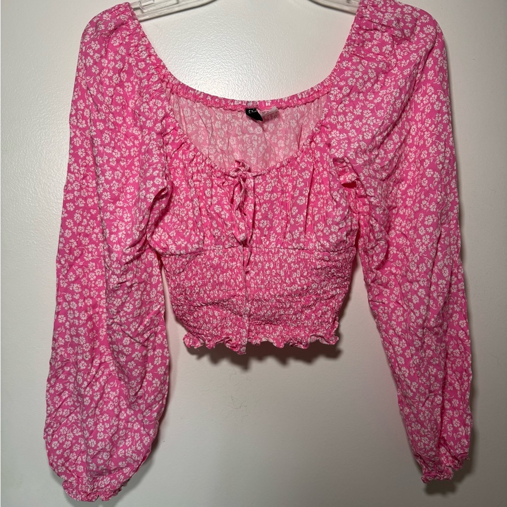 H&M Pink Floral Smocked Long Sleeve Spring Crop Top